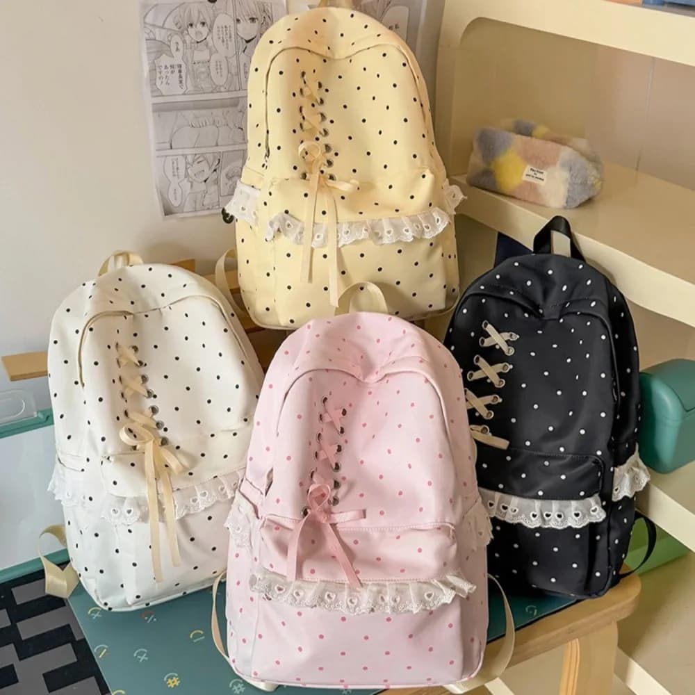 Polka Dot Bag Lace Bandage Bow Mochila Preppy Style Mochilas Mujer Fresh Fashion Backpacks Travel Backpack Bolsas Feminina