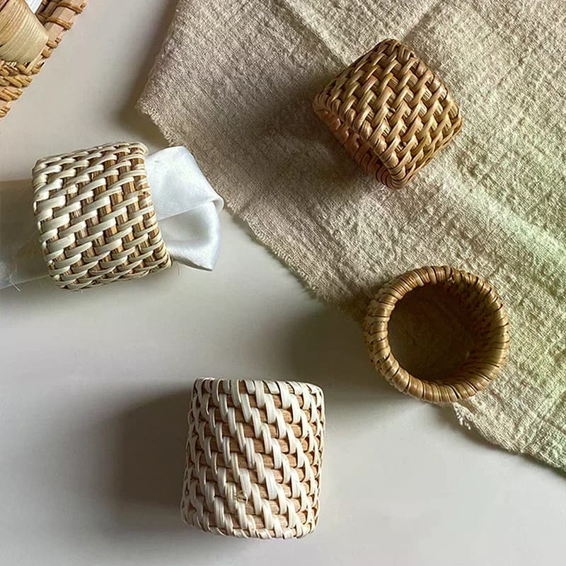 6 Styles Handmade Woven Napkin Rings Rustic Natural Rattan Wooden Buckles For Easter Table Dining Decor