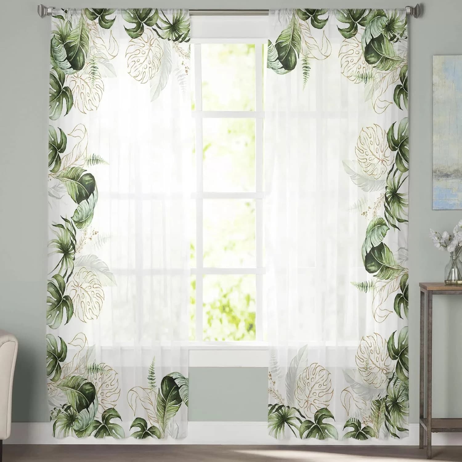 2PCS Digital Print Sheer Curtain, Palm Leaf Border Edge Pattern, Tropical Hawaiian Summer Beach Coastal Minimalist Style Decor