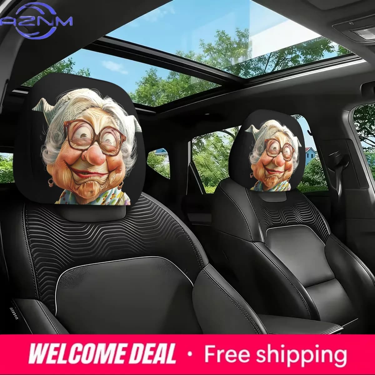 2 copri poggiatesta per auto con stampa divertente a tema nonna, facili da installare e rimuovere, perfetti come accessorio divertente per auto.