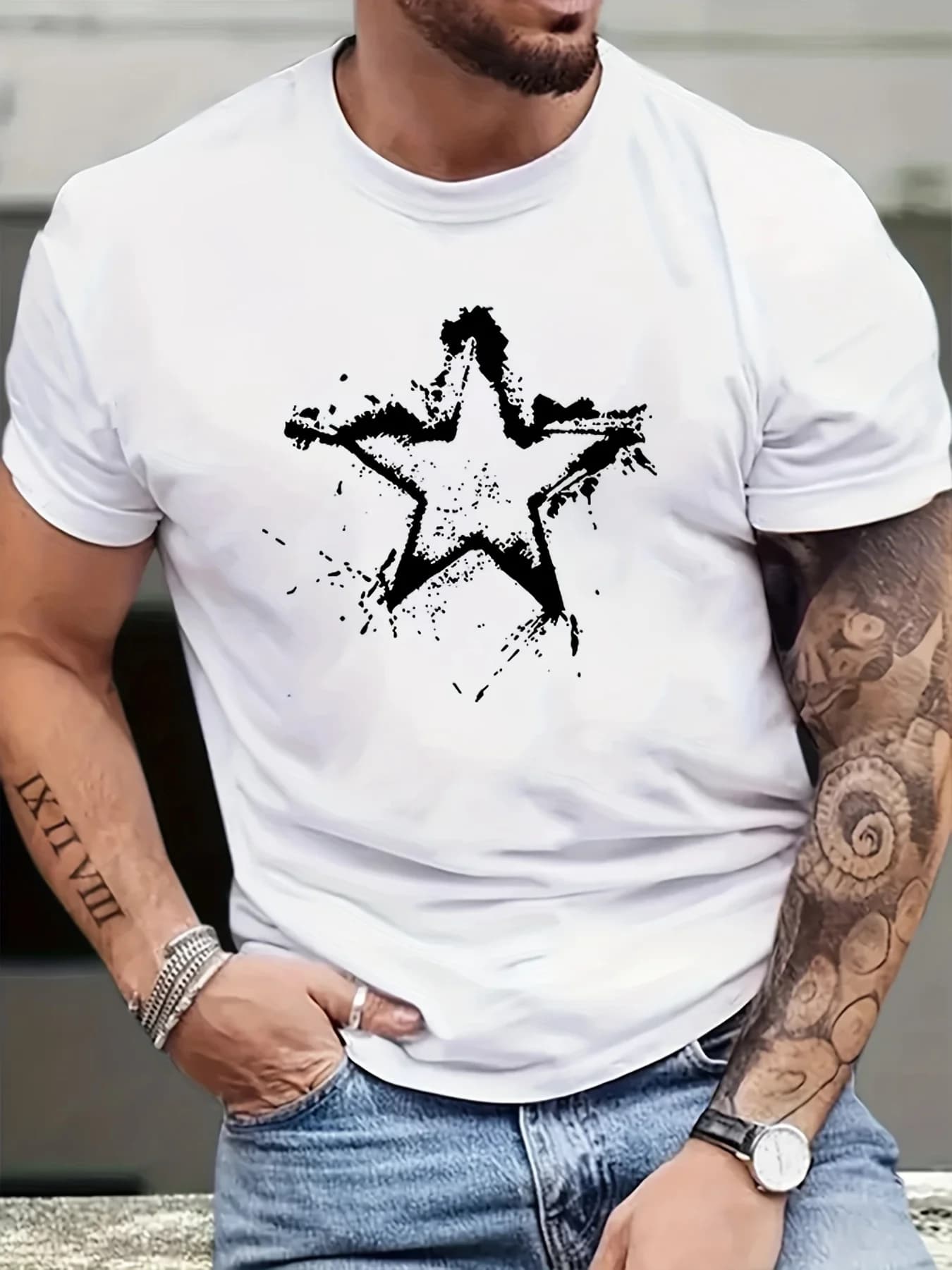 T-shirt da uomo con stampa di stelle alla moda, girocollo morbido, leggera, maniche corte, ultra confortevole, traspirante, perfetta estate alla moda