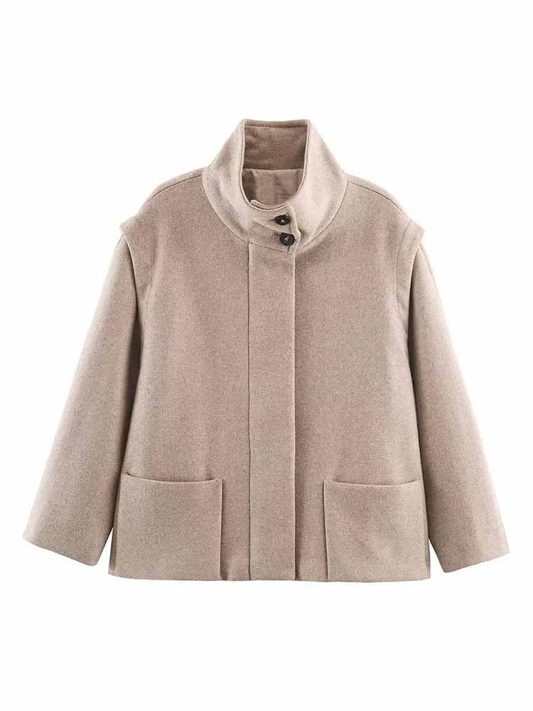 HH Donna Moda invernale Casual Maniche lunghe Collo alto Tessuti misti tinta unita Cappotto corto Giacca da pendolarismo versatile femminile