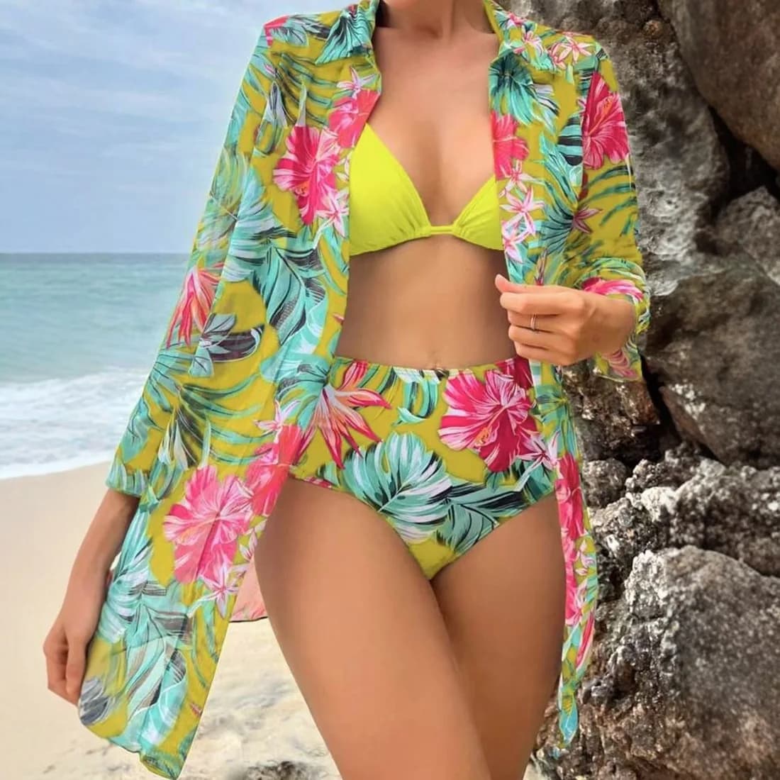 Women Stylish 3pcs Printed Halter Neck Bikini Set Sexy Two-Piece Swimsuit for Women Floral Shirts Cover Up for Summer Beach Pool
