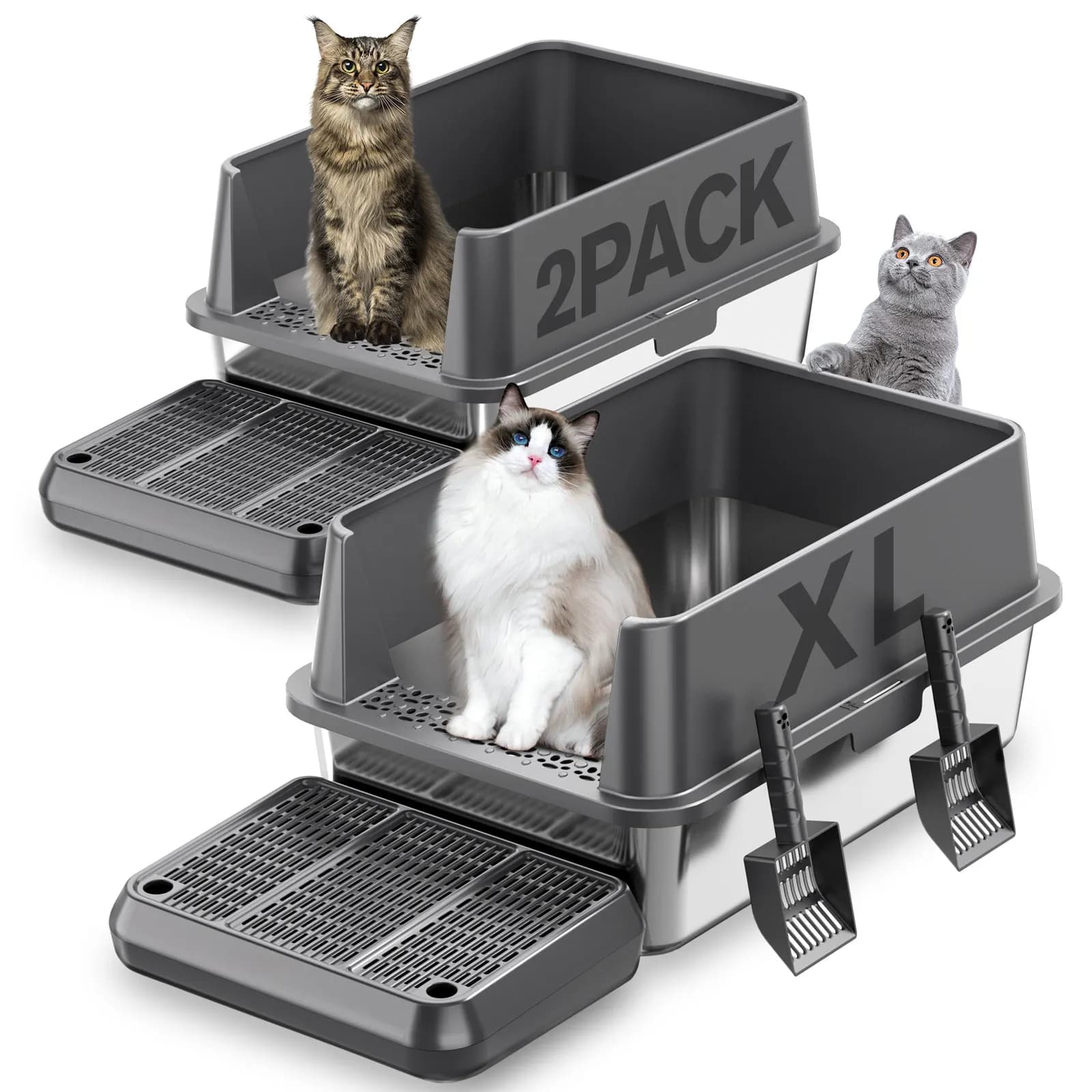 Confezione da 2 lettiere per gatti extra large XL in acciaio inossidabile con coperchio Lettiera per gatti in metallo per gatti grandi e gatti multipli
