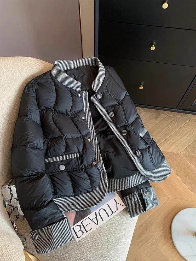 Giacca Leggera Casual in Cotone con Colletto Rialzato per Donna, Autunno Inverno 2024, Cappotto Sottile Caldo con Motivo a Rombi