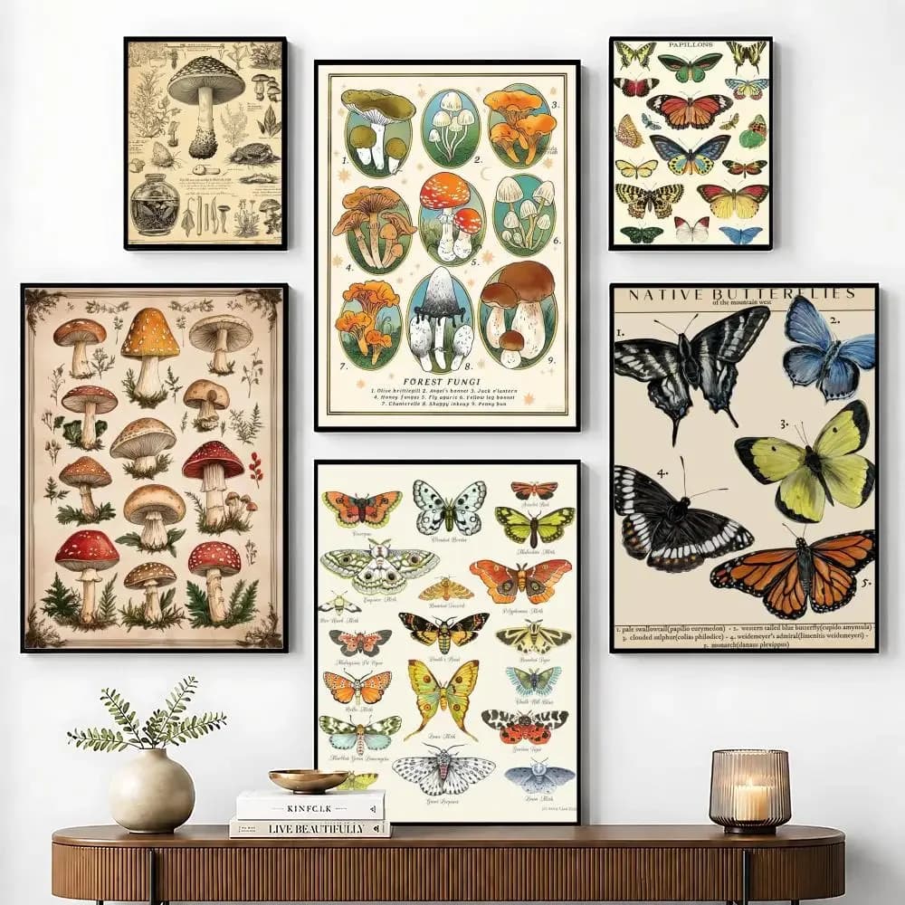 Butterfly Insect Flower Mushroom Painting Calligraphy Anti-wrinkle Canvas Poster Wall Mural Art Photos for Room Home Decor