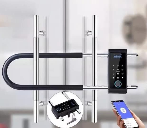 Serratura Intelligente a Doppia Apertura per Porte in Vetro con Sblocco Remoto da Smartphone, Impronta Digitale e Password, Design a U
