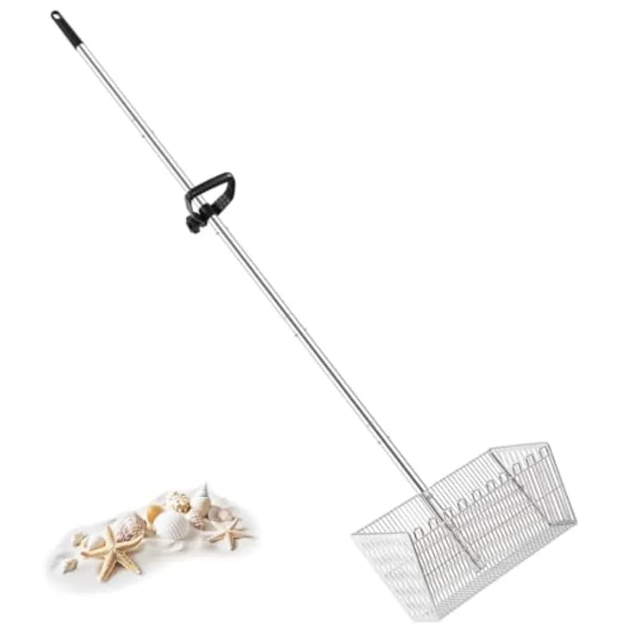 Rastrello per Sabbia da Spiaggia in Metallo, Setaccio per Sabbia Smontabile con Manico da 70 Pollici, Setaccio Portatile a Denti di Squalo, Robusta Pala da Spiaggia per Conchiglie