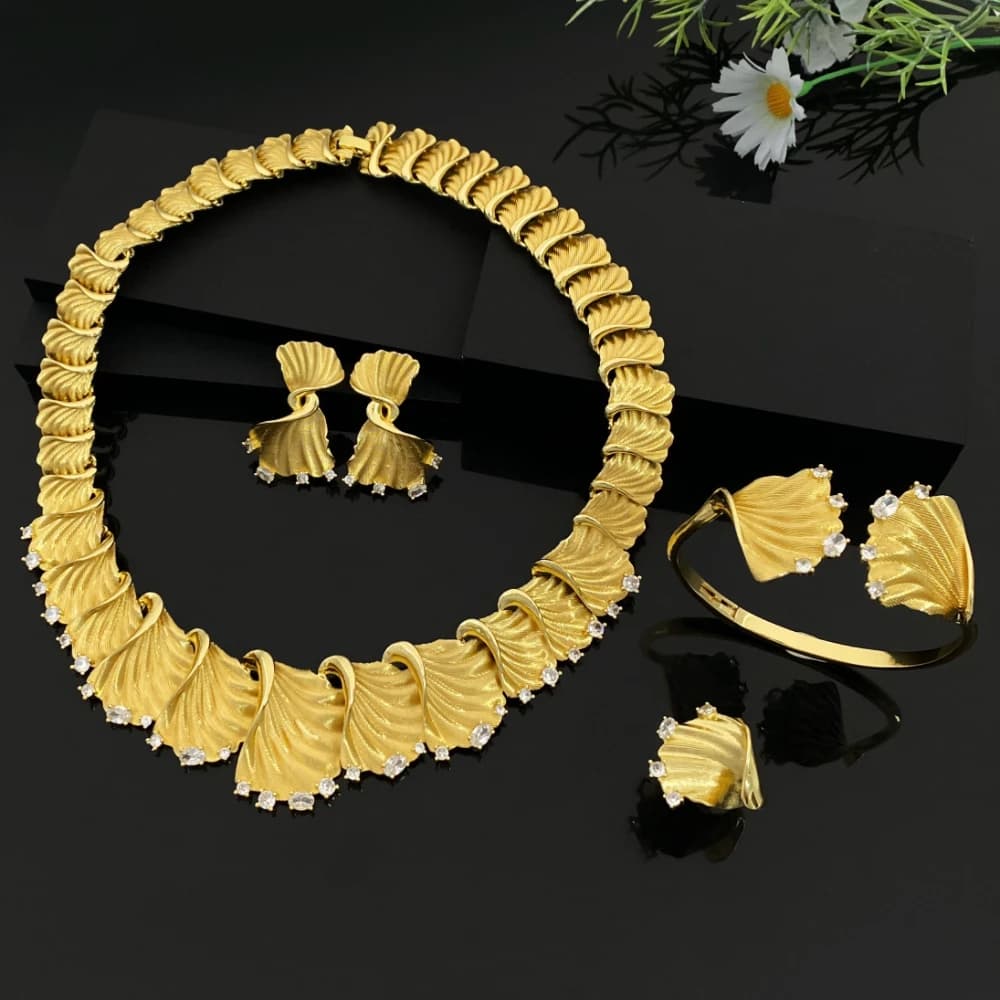 Set di Gioielli da Sposa di Lusso JRH Dubai con Zirconi, Placcato Oro in Rame, 4 Pezzi: Collana, Orecchini, Bracciale, Anello, Stile Medio Orientale