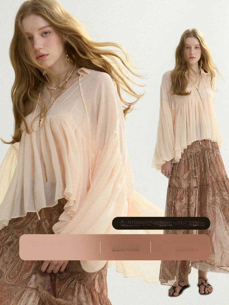 Retro Loose Long Sleeve V-Neck Women's Chiffon Top Elegant Style Floral Lace Trim Spring Fashion Inner Wear Casual Outerwear