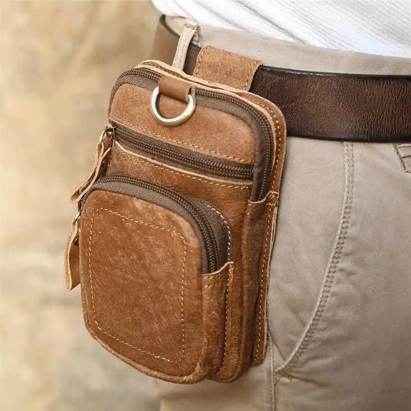 New Retro Running Bag Casual Men's Waist Bag Top Layer Cowhide Multi-Functional Belted Workwear Soft Handle Zip Closure