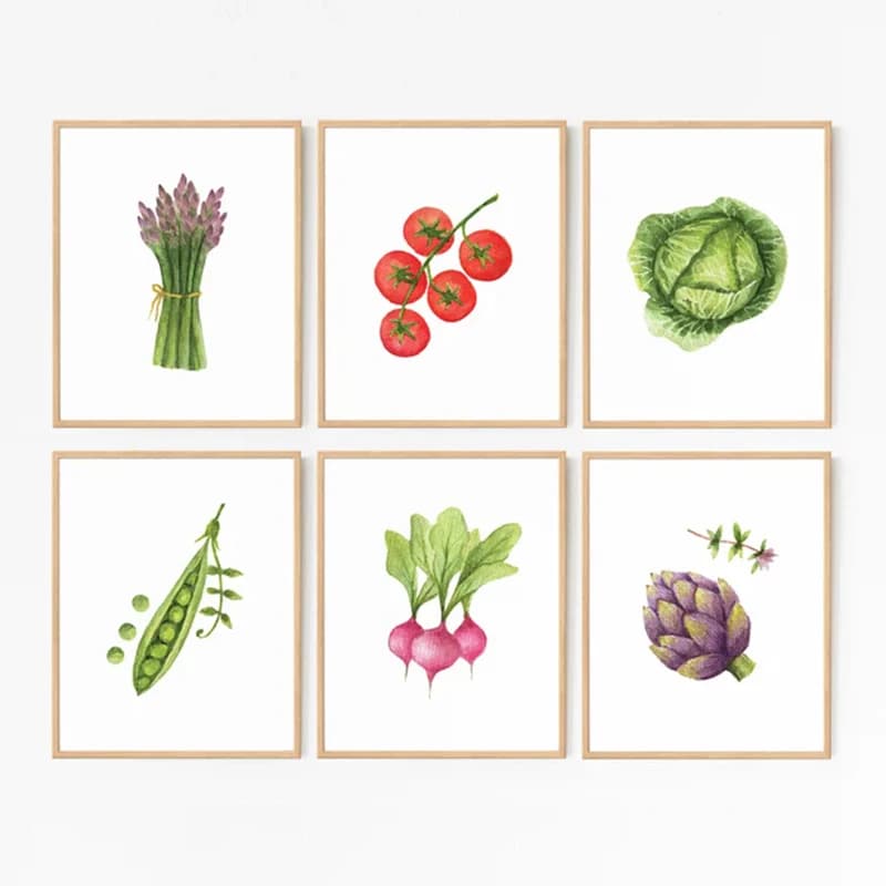 Watercolor Vegetable Kitchen Food Artichoke Carrot Tomatoes Poster Canvas Painting Wall Art Pictures Home Dining Room Decor G