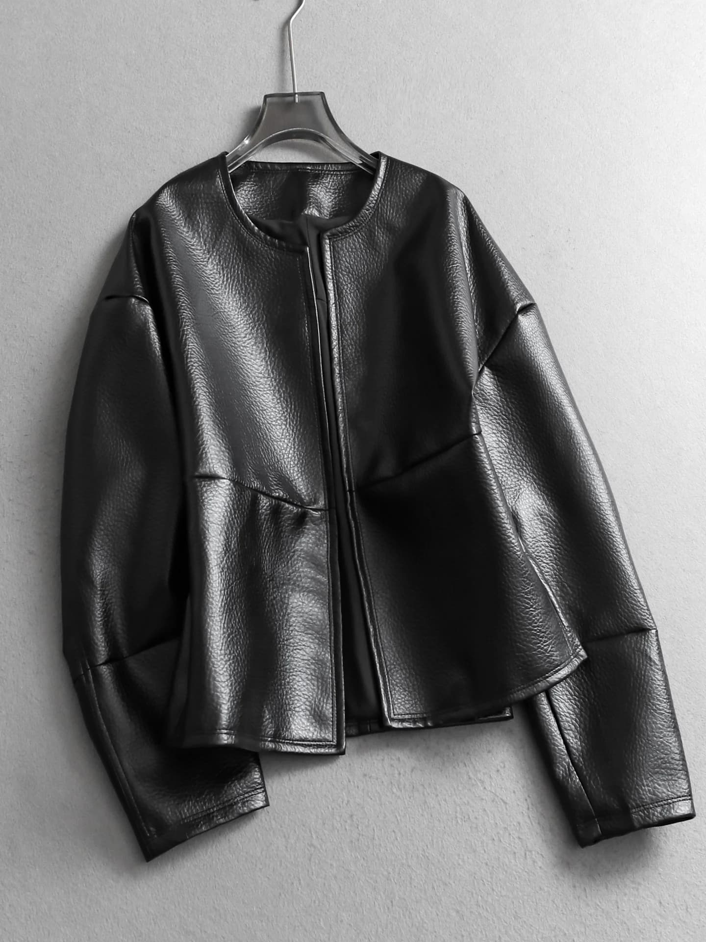 Loose Fit PU Leather Jacket Lychee Pattern Black Autumn New Women's Outerwear Street Style Long Sleeve round Neck B153
