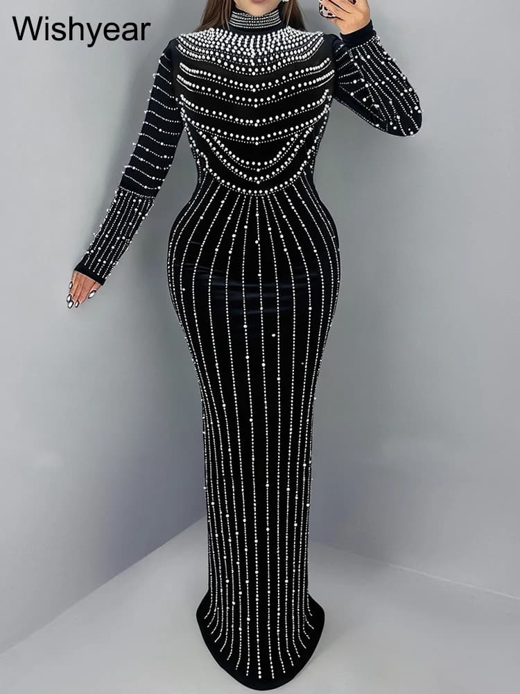 Wishyear Luxury Rhinestone Pearls Wedding Guest Dresses Women Velvet High Neck Long Sleeve Dress Female Evening Birthday Robe