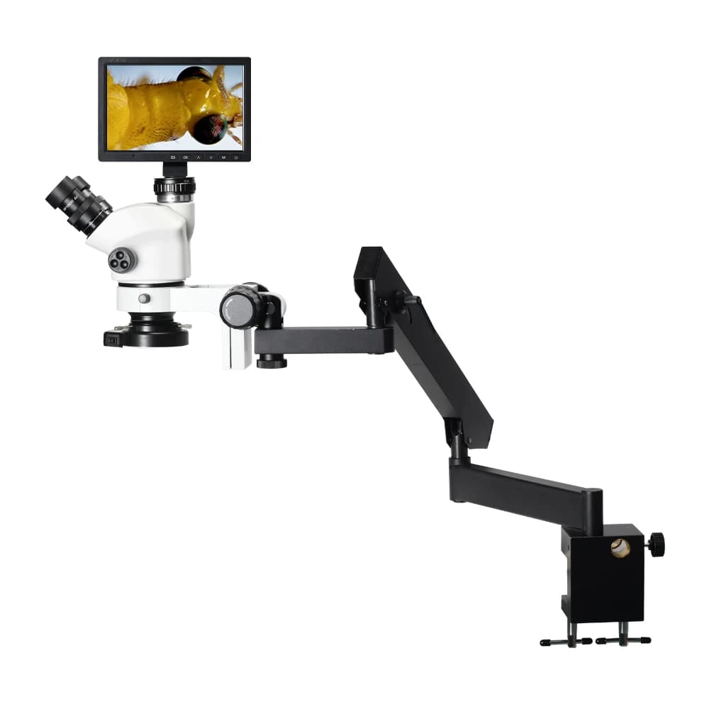Stereo Trinocular Microscope with articulated arm clamp for 3.5X-50X zoom microscope with 10 inch LCD monitor and LED light