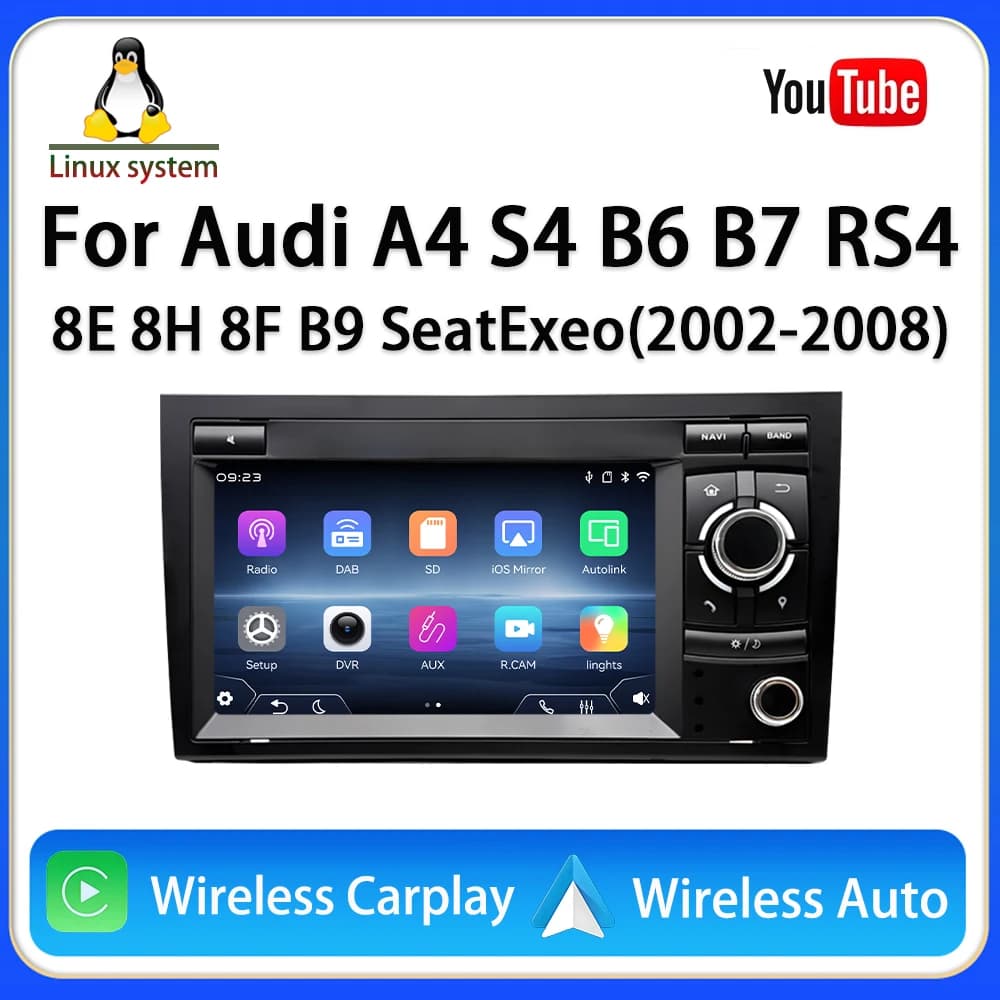 Autoradio da 7 pollici per Audi A4 S4 B6 B7 RS4 con sistema Linux, Carplay wireless, Android Auto cablato, USB, radio, Bluetooth 5.1 e FM