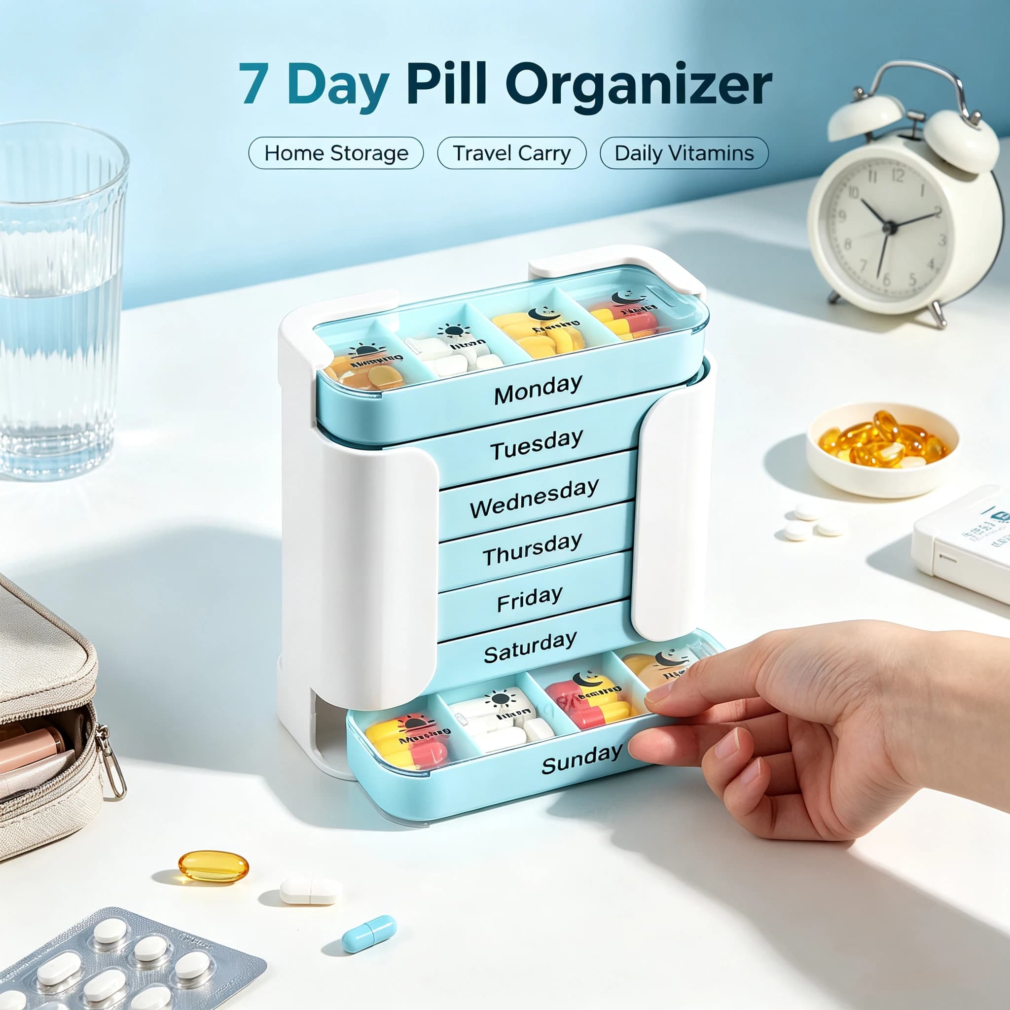 Weekly Pill Organizer 7 Day 3 Times A Day Detachable Drawer Medicine Box Portable Travel Purse Vitamin Supplement Storage Case