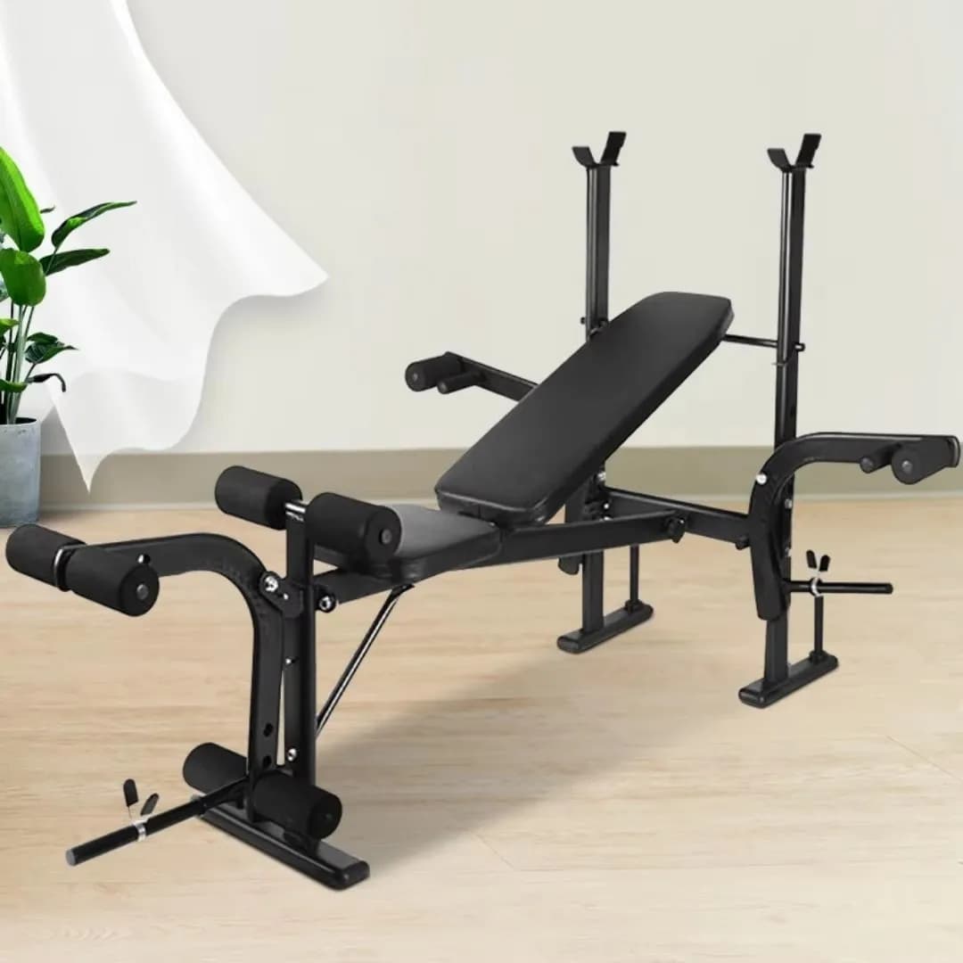 002 Professional multipurpose station for the strength of the home gym with handlebars and counter pressure shelf with barbell