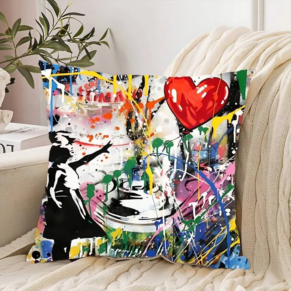 Fodera per cuscino stile Banksy Design Graffiti Fodera per cuscino in tessuto morbido poliestere per divano, auto, casa, ufficio, regalo di arredamento di alta qualità