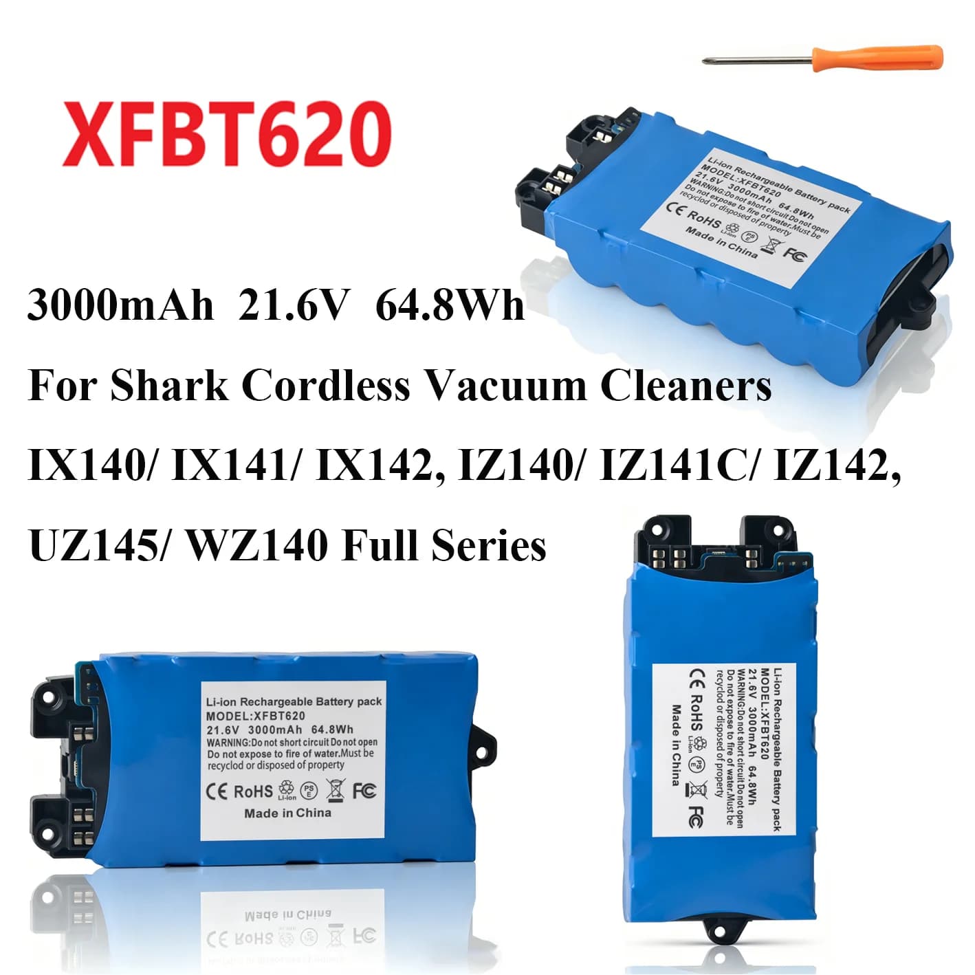 XFBT620 21.6V Rechargeable Battery 3000mAh for Shark IX140 IX141 IX142, IZ140 IZ141C IZ142, UZ145 WZ140 Cordless Vacuum Cleaner