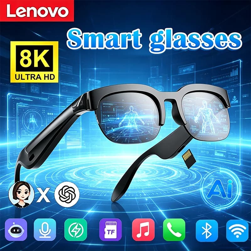 Lenovo BT Smart Audio Glasses Bone Conduction Music Real Time 150+ Language Translation Smart Sunglasses for Men Women Cycling