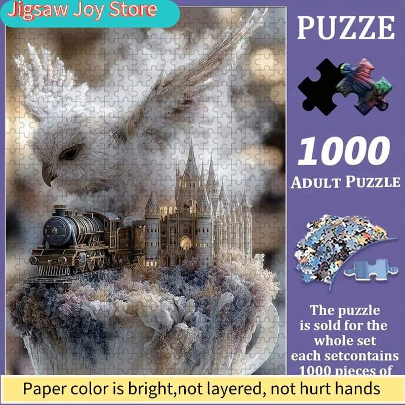 Puzzle colorato con gufo, treno e castello, regalo divertente e interattivo per la famiglia, design astratto vivace, sfida con motivi fantasiosi