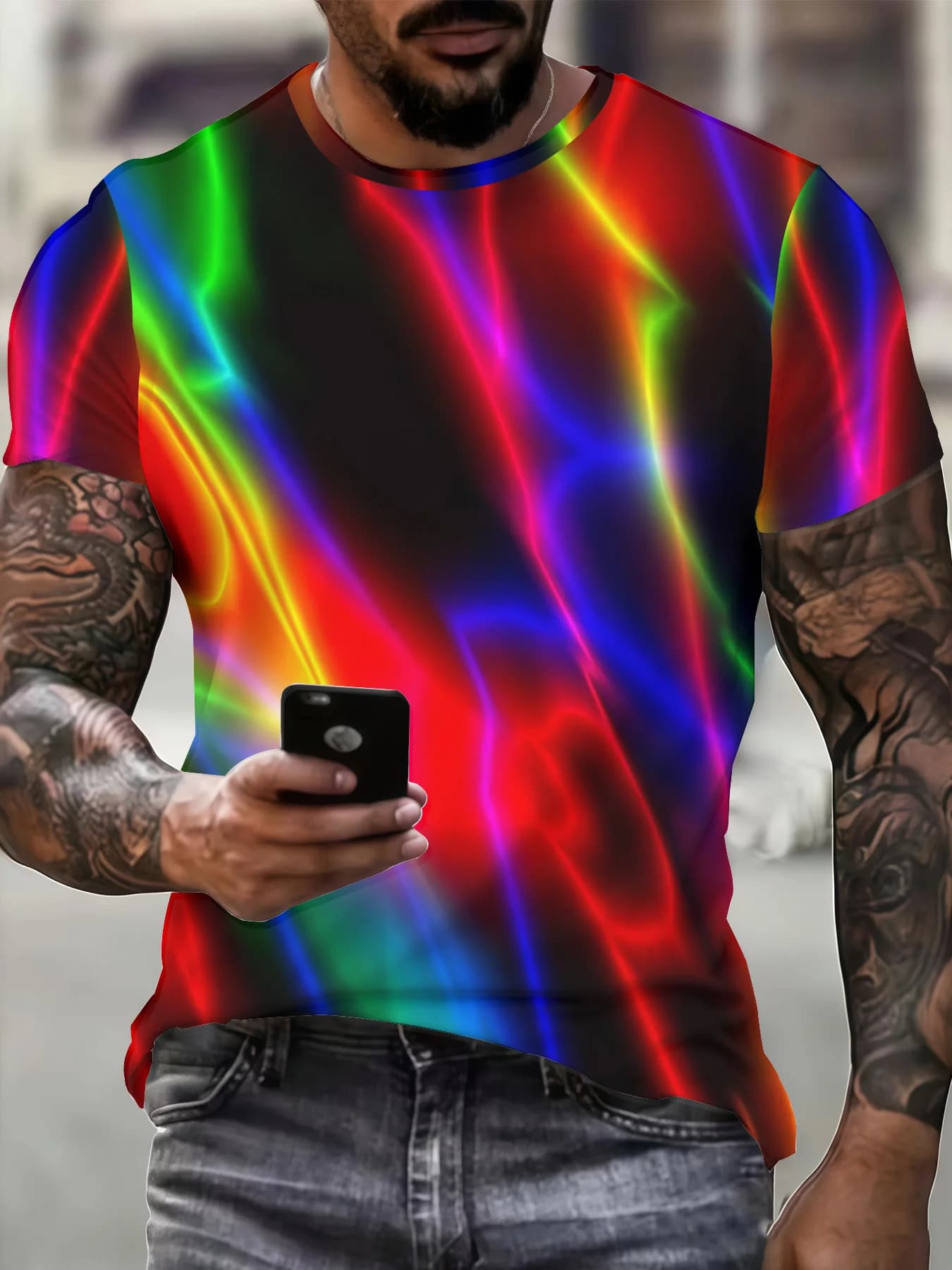 T-shirt Uomo Girocollo Estivo 2026 Nuovo Design Lusso Alta Moda Stampa 3D Neon Creativa Manica Corta Abbigliamento Uomo