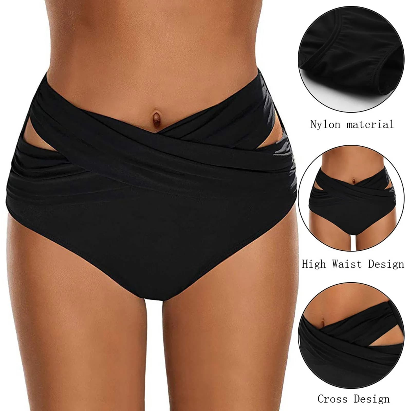 Slip da bagno Donna Vita alta Bikini Bottoms Pantaloncini da spiaggia Bikini Bottom Beachwear Solid Cross-Tie Increspato Bikini elastico Bottoms