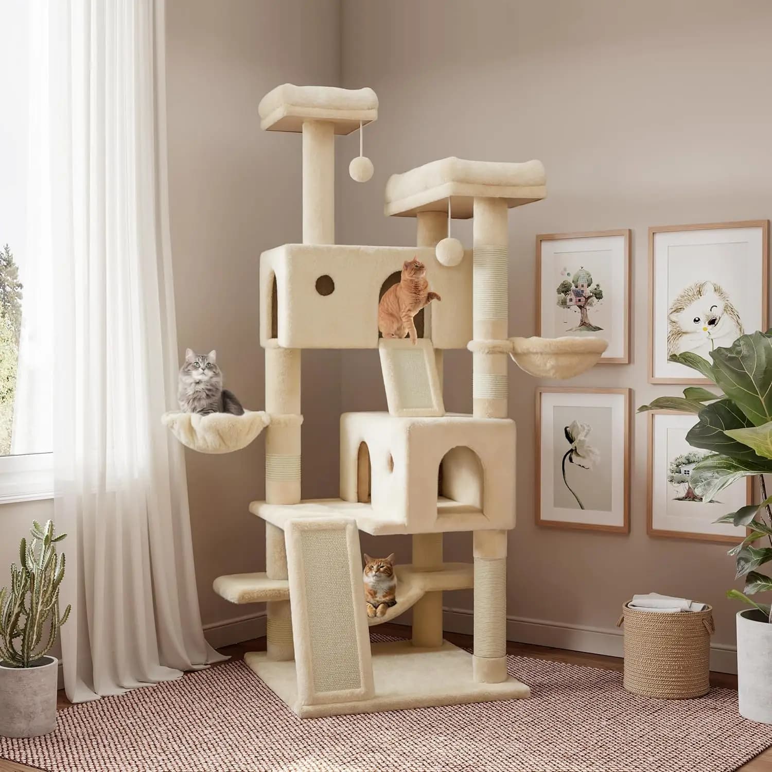 SHA CERLIN Torre per albero per gatti da 65" – Condo multilivello con amaca, tiragraffi e perchi in peluche