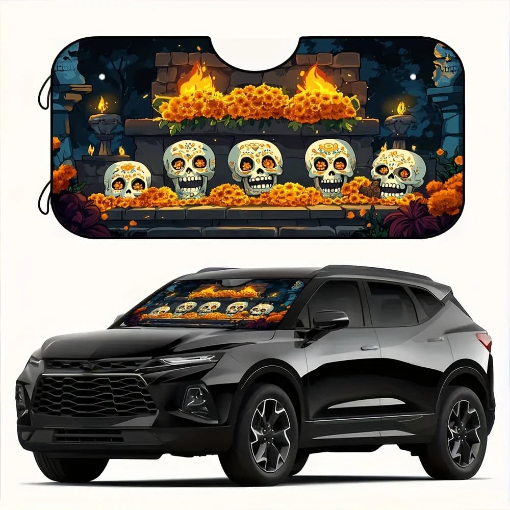 1pc, Cultural Symbol Altar Day Of The Dead Car Windshield Sunshade, Soft Insulated Design 4 Non Slip Pads, Camping Adventures, U