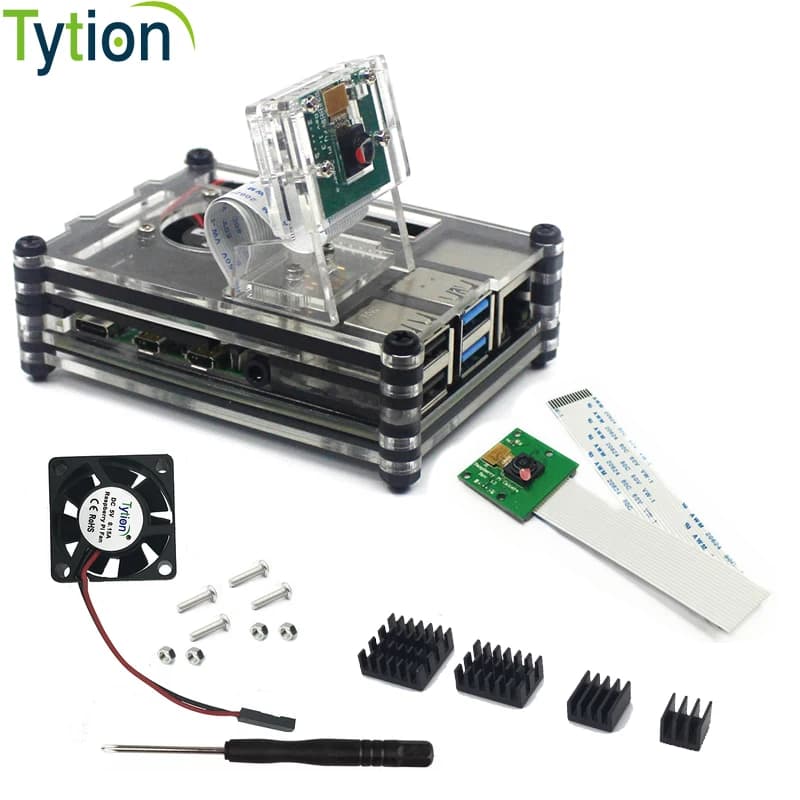 Camera installation with support for Raspberry Pi 4 B case with heat sinks + camera housing support + cooling fan + 9 layers acrylic case + camera