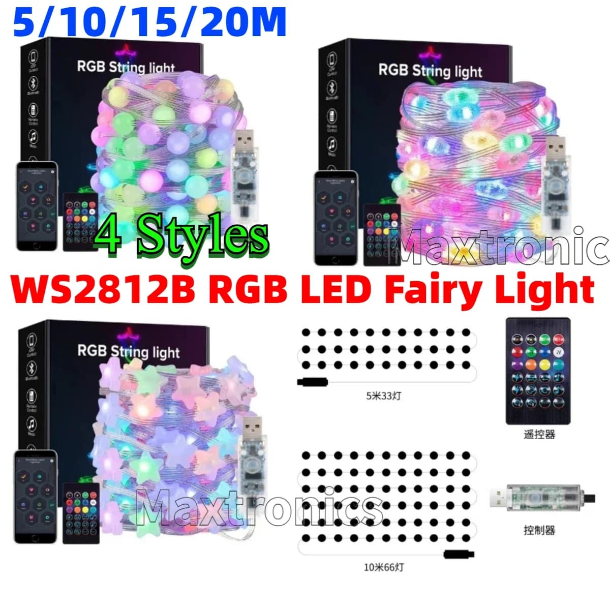 Smart 4 stili RGB WS2812B LED Ghirlande USB indirizzabili con luce fata con telecomando Bluetooth per l'arredamento natalizio all'aperto
