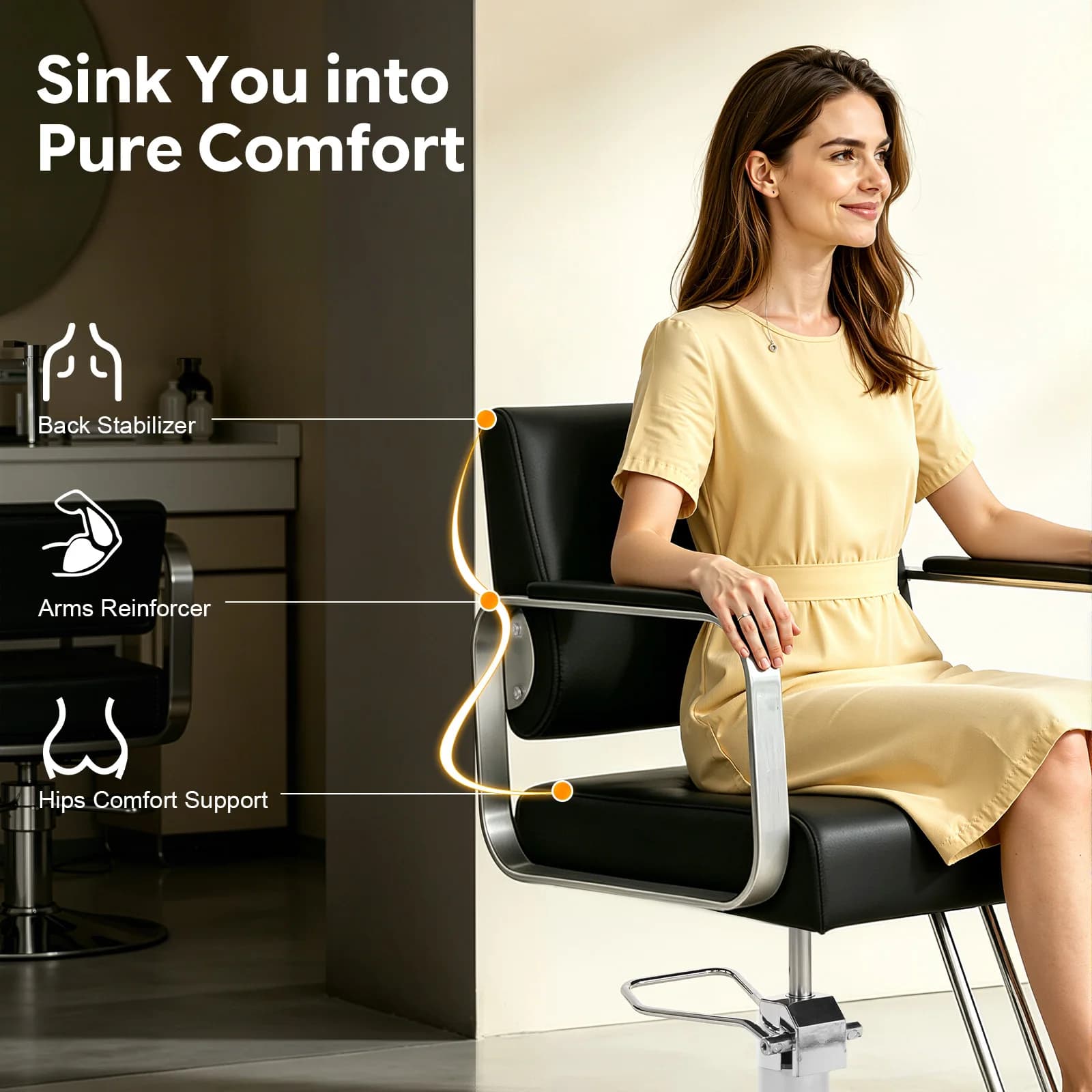 Professional Salon Chair – Ergonomic Pu Cushion – 360 ° Rotation – Height Adjustable 31.9-35.4in – 440 Lbs Capacity – Black Silver