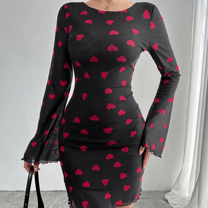 Abito Mini Estivo da Donna 2026 Sexy Slim con Stampa Cuore Stile Street, Scollo a O, Schiena Scoperta in Rete e Maniche Svasate, Vestito Casual a Tubino