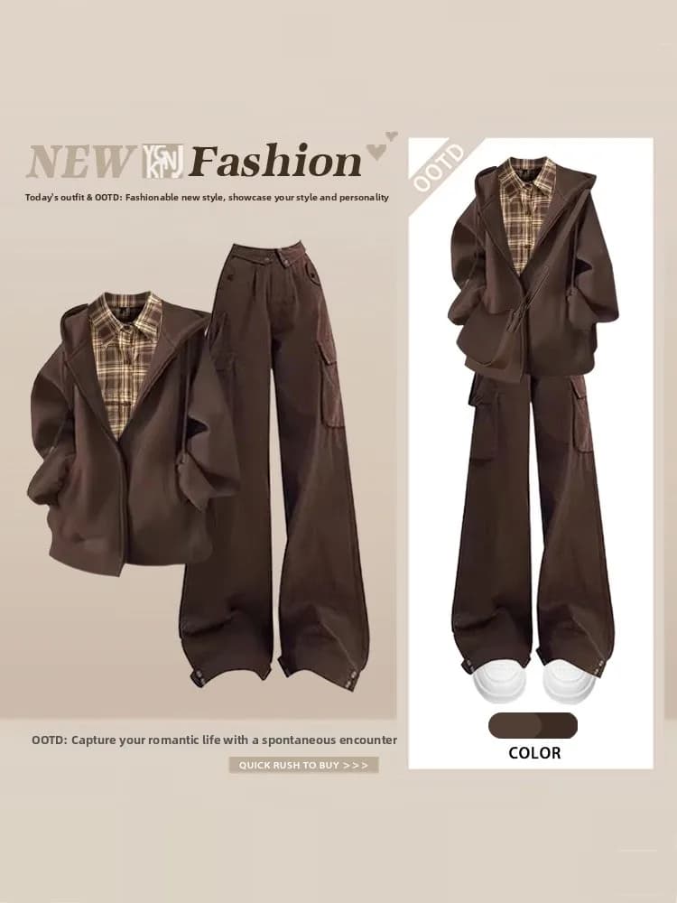 Completo Tre Pezzi da Donna: Giacca Casual con Cappuccio, Camicia e Pantaloni da Lavoro, Nuovo Stile Invernale, Abbigliamento Slim Fit, Stile Casual, Vita Alta, Gamba Lunga