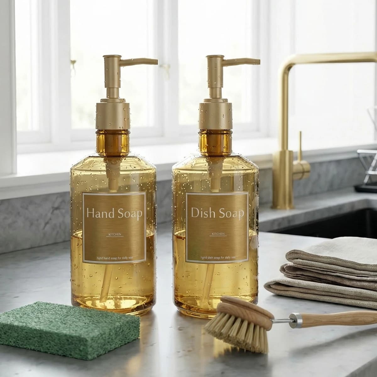 Dispenser di sapone per le mani da cucina, 2 pezzi/set, flaconi ricaricabili per sapone per piatti con etichette dorate, flacone con pompa riutilizzabile da 500 ml/16,9 oz