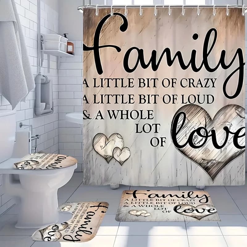 Set da bagno con citazioni motivazionali per la famiglia da 1/4 pezzi - Tenda da doccia in poliestere isolata impermeabile, tappetino da bagno antiscivolo, tappeto a forma di U,