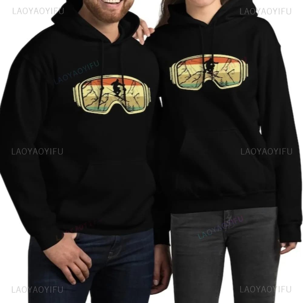 Sci Sciatore Occhiali da neve Felpa con cappuccio unisex Stile vintage Sci Montagna Grafica stampata Felpe invernali Calore Donna Uomo Abbigliamento