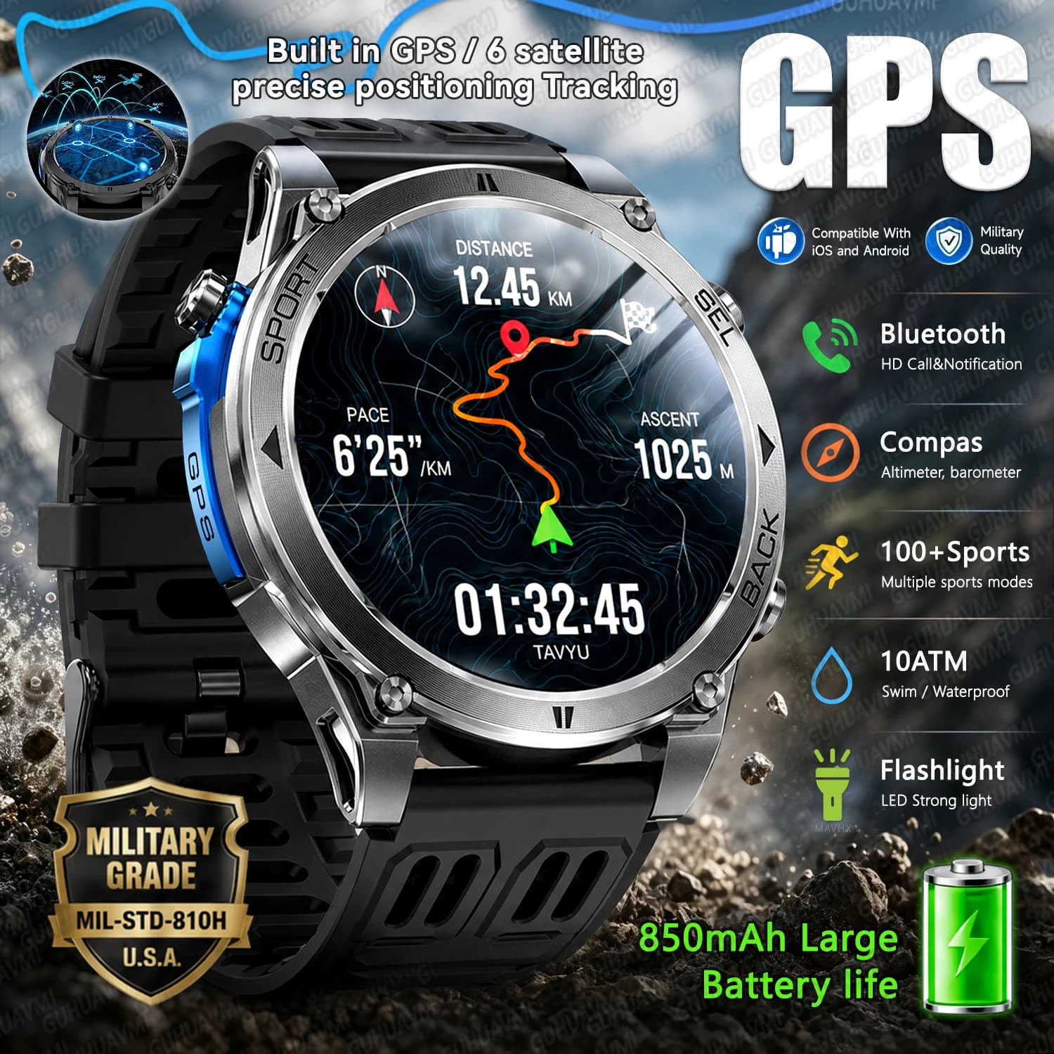 GPS Accurate Positioning Military Grade 850mAh Battery Smart Watch Compass 10ATM Swim Heart Rate Men Sports 2026New Smartwatches