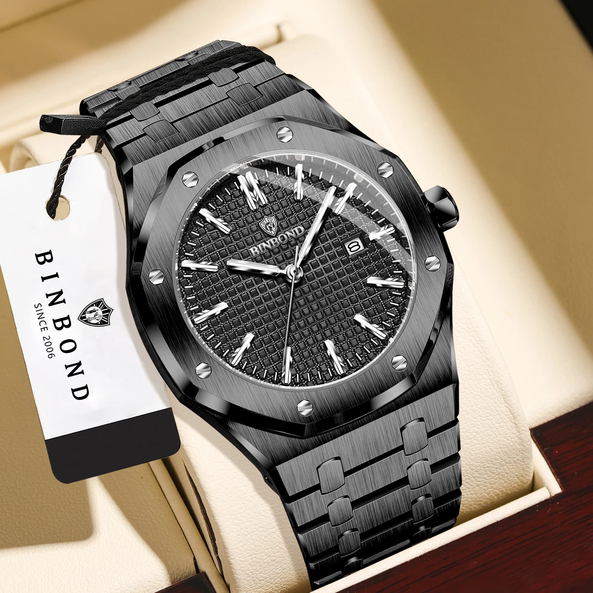BINBOND Orginal Brand Stainless Steel Strap Quartz Wristwatches For Men Luxury Luminous Waterproof Auto Date Men's Watch Reloj