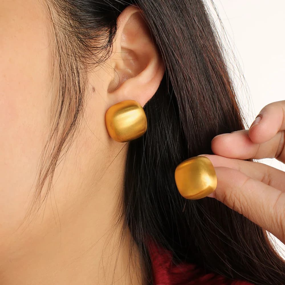 Sold As Pair 316 Stainless Steel Matte Brushed Rounded Square Stud Earrings Single Gold Vintage Elegant Unique Daily Jewelry