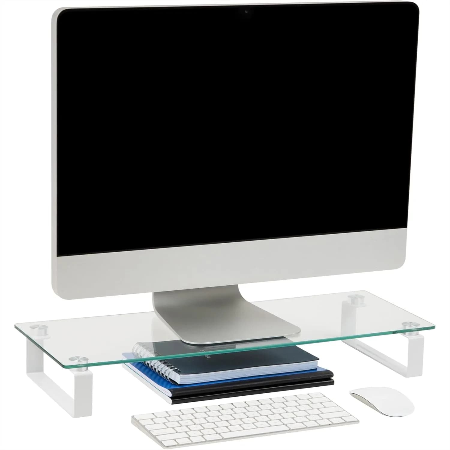 Supporto per Monitor in Vetro, Organizzatore da Scrivania Trasparente, Rialzo Ergonomico per Laptop e Doppio Monitor