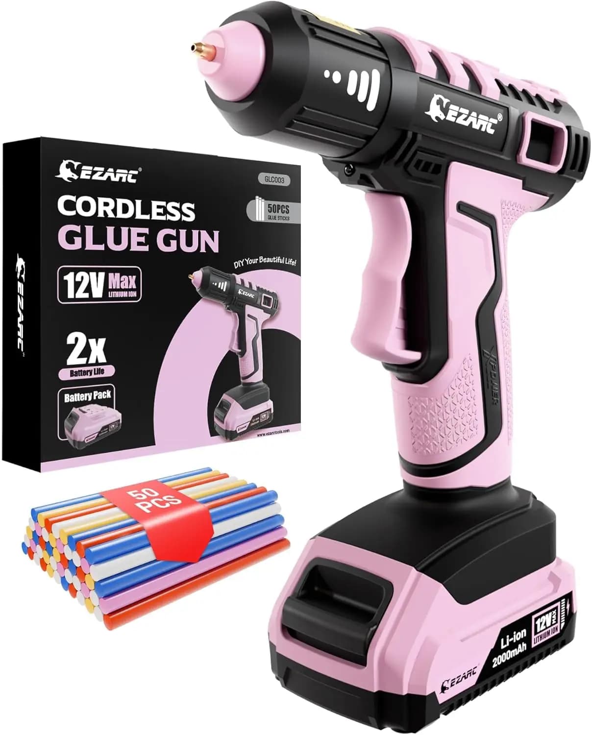 Pistola per colla a caldo senza fili con riscaldamento rapido in 15 secondi per fai da te, riparazioni domestiche, progetti scolastici, con 50 stick, rosa