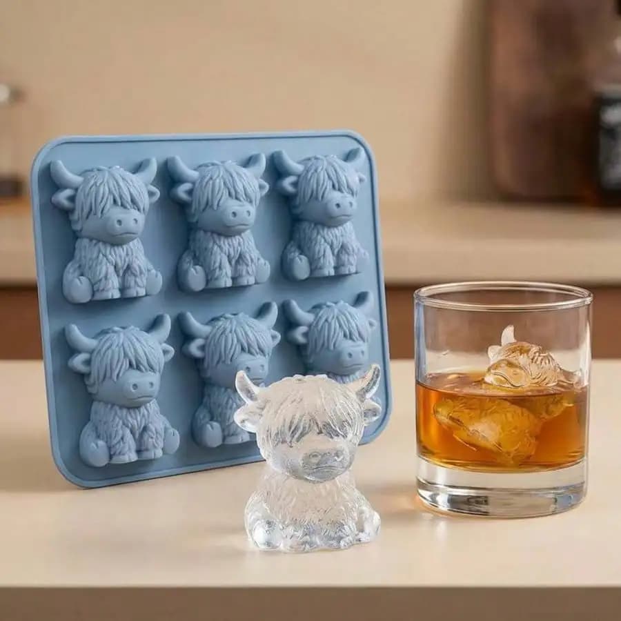 Vassoio per cubetti di ghiaccio in silicone Highland Cow - Stampo per cubetti di ghiaccio a forma di mucca 3D, adatto per whisky, cocktail e dolci