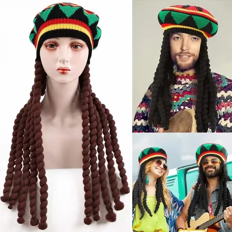 2025 New Unisex Knitted Braid Hat Jamaican Bob Rasta Beanie Hats Hip Hop Cap Dreadlocks Wig Bob Marley Caribbean Fancy Dress Hat