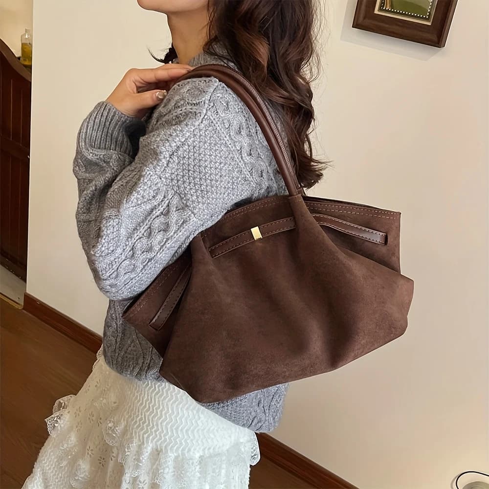 Vintage Faux Suede Tote Bag with Belt Detail, Large Capacity Soft Shoulder Bag for Daily Commute & Casual Outings