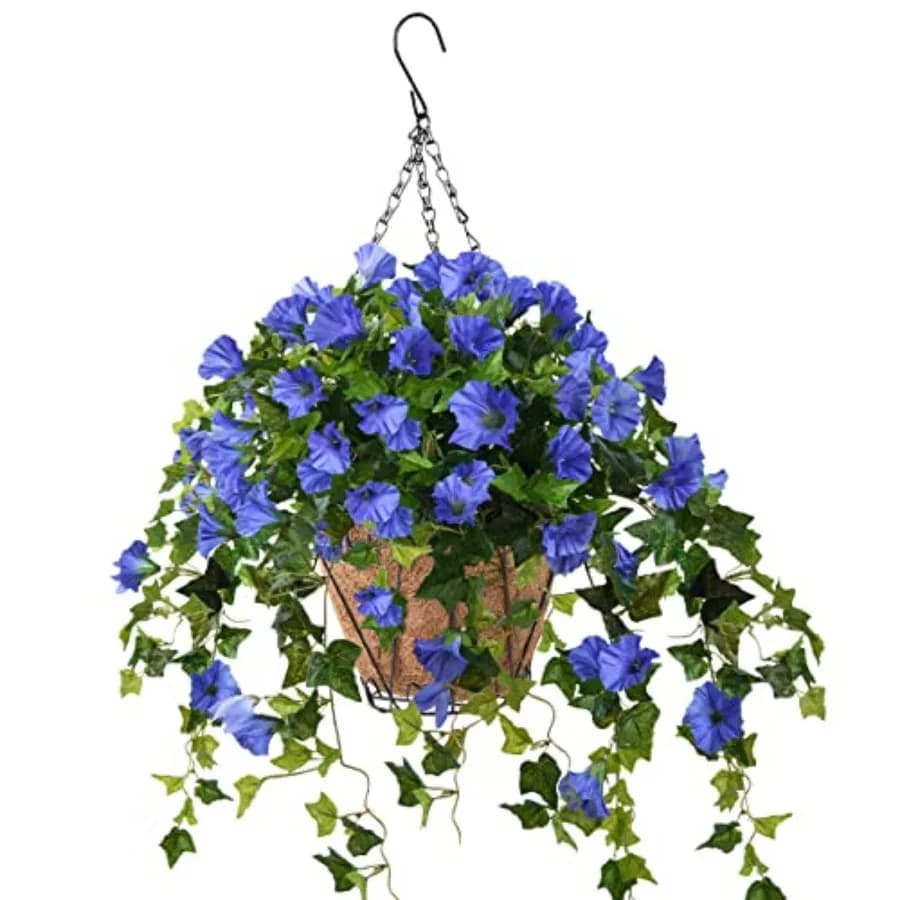 Fiori Artificiali di Petunia in Seta, Pianta Finta Pendente in Cesto con Rivestimento in Cocco, Decorazione per Portico, Patio, Prato e Giardino