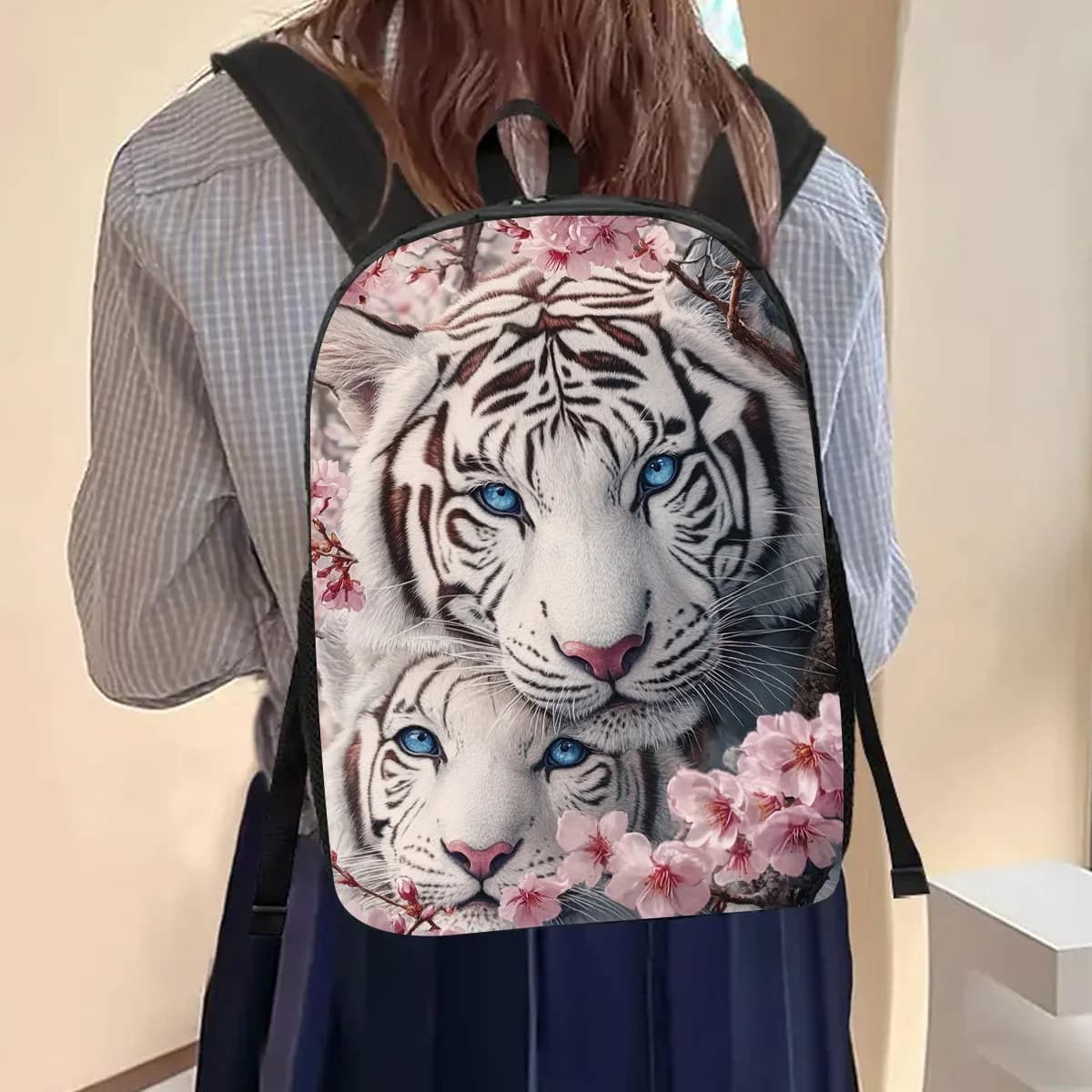 1 zaino per laptop da 17 pollici con stampa tigre bianca e stampa fiori di ciliegio, con tasca per bottiglia d'acqua - Leggero e resistente