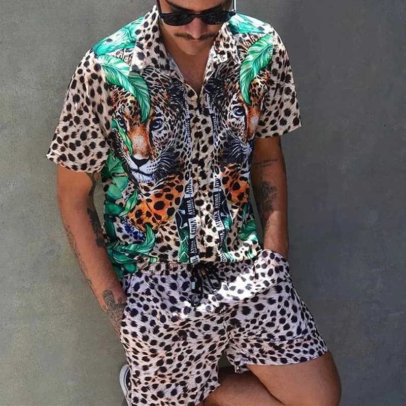 Summer Men's Fashion Leopard Print Short Sleeve Shirt And Shorts Set Beach Style T Shirt Breathable Shorts Two Piece Set