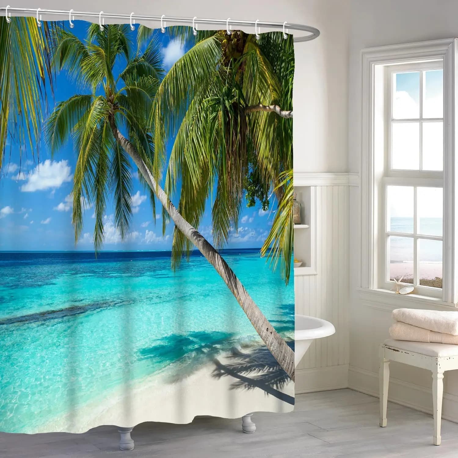Hawaii Tropical Palm Tree Beach Shower Curtain, Blue Seaside Waterproof Summer Bathroom Bath Curtain 72x72 Inch With 12 Hooks